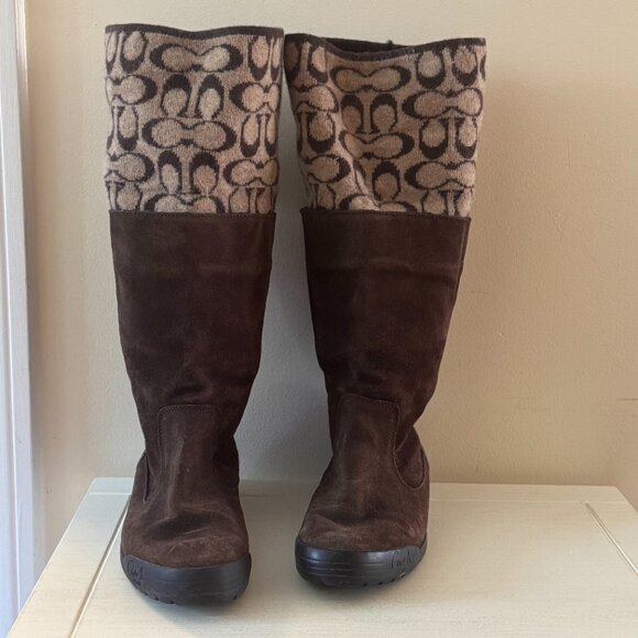 Vintage Coach Tatum Brown Suede Logo Knit Legwarmer Reversible Boots | Sz 8.5 M - Picture 3 of 10